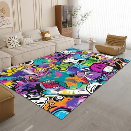 ROMOER Bunte 3D-gedruckte Bodenmatten Area Teppiche Nicht-Schlupftür Teppich Cartoon Neon Graffiti Theme Teppiche Für Wohnzimmer, Schlafzimmer Polyester Weich,180 X 230 cm von ROMOER
