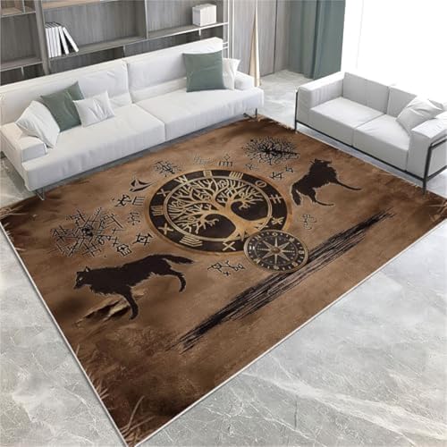 ROMOER Retro-Fläche Teppiche Viking Symbol Baum Wolf Nicht rutschfeste Fläche Teppich Kurze Stapelbodenmatte Für Wohnzimmer Schlafzimmer Badezimmer Küche & Büro, von ROMOER