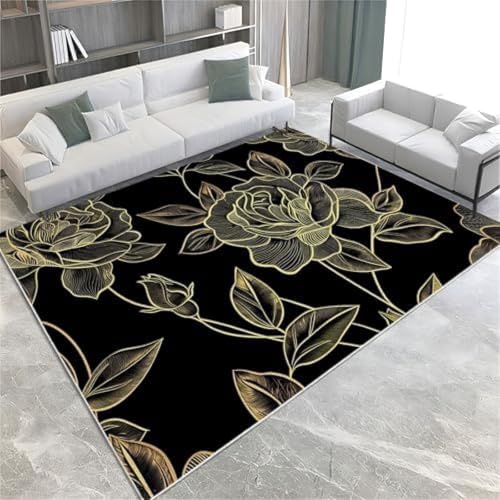 ROMOER Schwarz Waschbare Fläche Teppiche Gold Linie Rosenblüte Teppich Für Wohnzimmer Weiche Kunstkurzhaufen Teppichmatte Langlebig Genug Faltbar Auf Dem Schlafzimmer Esszimmer, von ROMOER