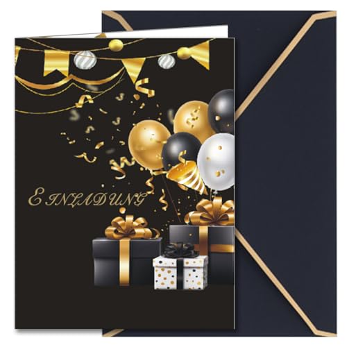 ROMOLY Einladungskarten Geburtstag - Exklusive 10x Klappkarten in Schwarz Gold mit Luftballons und Umschlägen, Perfekt für stilvolle Geburtstagsfeiern von ROMOLY