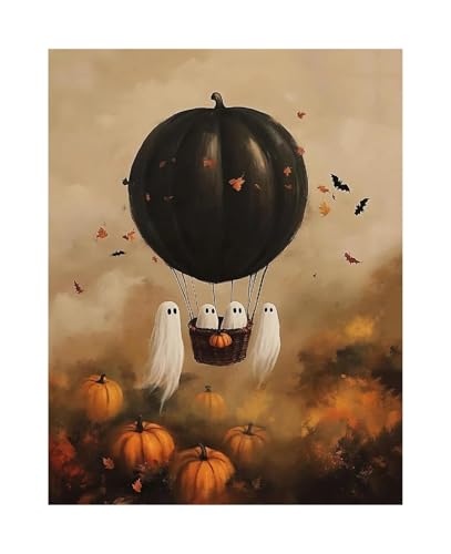 Wandbilder auf Leinwand Herbst Halloween Niedlichen Geist Dark Scary Kürbis Geist Schwarze Katze Retro Poster Kein Rahmen Leinwand Gemälde Wohnkultur(E,50x70cm) von RONGCH