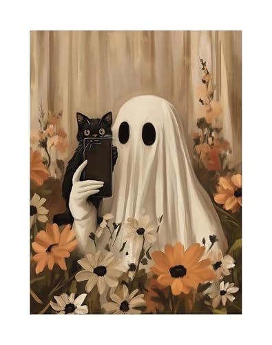 Wandbilder auf Leinwand Herbst Halloween Niedlichen Geist Dark Scary Kürbis Geist Schwarze Katze Retro Poster Kein Rahmen Leinwand Gemälde Wohnkultur(G,30x40cm) von RONGCH