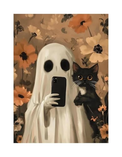 Wandbilder auf Leinwand Herbst Halloween Niedlichen Geist Dark Scary Kürbis Geist Schwarze Katze Retro Poster Kein Rahmen Leinwand Gemälde Wohnkultur(H,50x70cm) von RONGCH