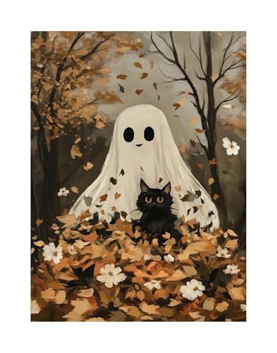 Wandbilder auf Leinwand Herbst Halloween Niedlichen Geist Dark Scary Kürbis Geist Schwarze Katze Retro Poster Kein Rahmen Leinwand Gemälde Wohnkultur(I,30x40cm) von RONGCH