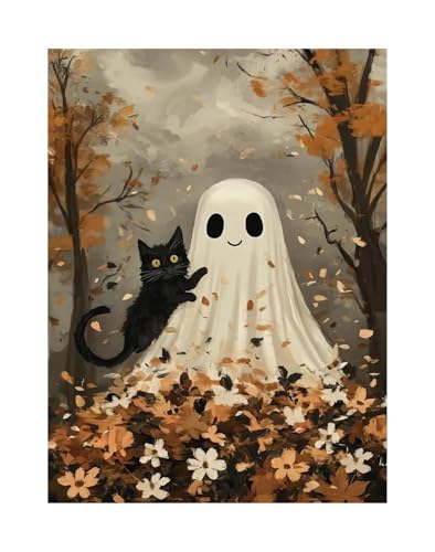 Wandbilder auf Leinwand Herbst Halloween Niedlichen Geist Dark Scary Kürbis Geist Schwarze Katze Retro Poster Kein Rahmen Leinwand Gemälde Wohnkultur(J,40x60cm) von RONGCH