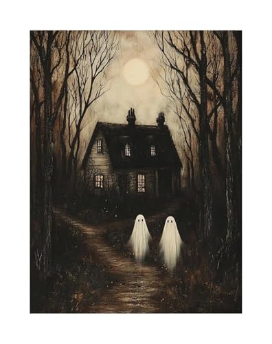 Wandbilder auf Leinwand Herbst Halloween Niedlichen Geist Dark Scary Kürbis Geist Schwarze Katze Retro Poster Kein Rahmen Leinwand Gemälde Wohnkultur(K,50x70cm) von RONGCH