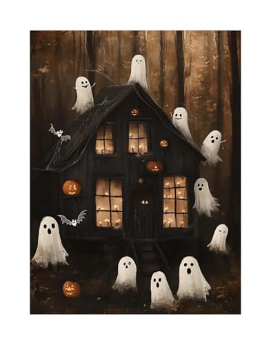 Wandbilder auf Leinwand Herbst Halloween Niedlichen Geist Dark Scary Kürbis Geist Schwarze Katze Retro Poster Kein Rahmen Leinwand Gemälde Wohnkultur(M,20x30cm) von RONGCH