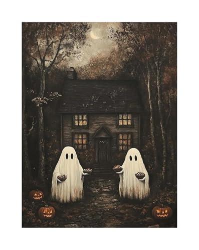 Wandbilder auf Leinwand Herbst Halloween Niedlichen Geist Dark Scary Kürbis Geist Schwarze Katze Retro Poster Kein Rahmen Leinwand Gemälde Wohnkultur(M,60X90cm) von RONGCH