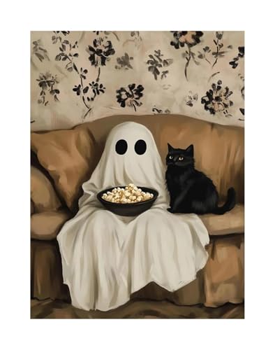 Wandbilder auf Leinwand Herbst Halloween Niedlichen Geist Dark Scary Kürbis Geist Schwarze Katze Retro Poster Kein Rahmen Leinwand Gemälde Wohnkultur(O,60X90cm) von RONGCH