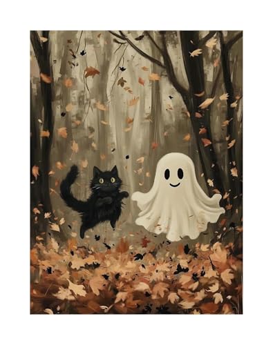 Wandbilder auf Leinwand Herbst Halloween Niedlichen Geist Dark Scary Kürbis Geist Schwarze Katze Retro Poster Kein Rahmen Leinwand Gemälde Wohnkultur(P,60X90cm) von RONGCH