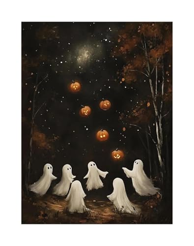 Wandbilder auf Leinwand Herbst Halloween Niedlichen Geist Dark Scary Kürbis Geist Schwarze Katze Retro Poster Kein Rahmen Leinwand Gemälde Wohnkultur(Q,30x40cm) von RONGCH