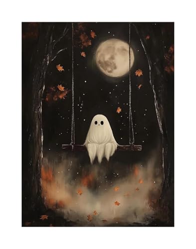 Wandbilder auf Leinwand Herbst Halloween Niedlichen Geist Dark Scary Kürbis Geist Schwarze Katze Retro Poster Kein Rahmen Leinwand Gemälde Wohnkultur(S,60X90cm) von RONGCH