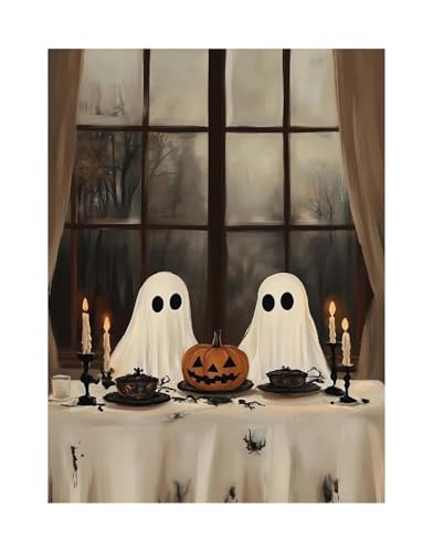 Wandbilder auf Leinwand Herbst Halloween Niedlichen Geist Dark Scary Kürbis Geist Schwarze Katze Retro Poster Kein Rahmen Leinwand Gemälde Wohnkultur(V,60X90cm) von RONGCH