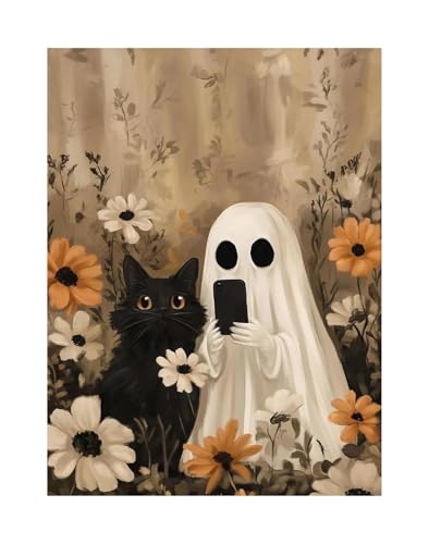 Wandbilder auf Leinwand Herbst Halloween Niedlichen Geist Dark Scary Kürbis Geist Schwarze Katze Retro Poster Kein Rahmen Leinwand Gemälde Wohnkultur(W,50x70cm) von RONGCH