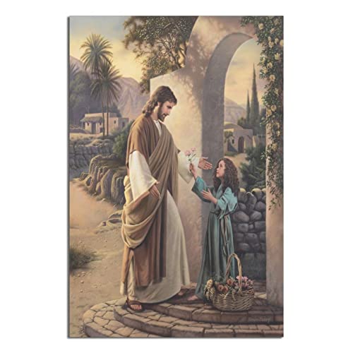 Jesus Christus Gott Religion Poster Mädchen gibt Blumen zu Jesus Leinwandkunst Zuhause Zimmer Wanddekoration Bild Poster Druck Gemälde Geschenk Poster von RONGCHENG