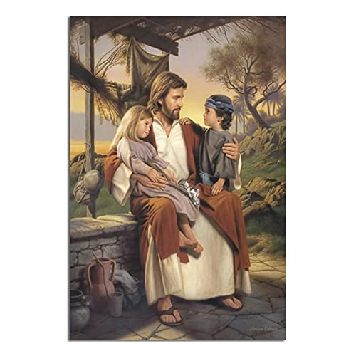 Jesus hält zwei Kinder Christus Gott Religion Poster Leinwand Kunst Zuhause Zimmer Wanddekoration Bild Poster Druck Gemälde Geschenk Poster von RONGCHENG