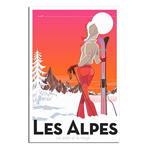 RONGCHENG Alpen Wintersport Skifahren Vintage Reise Poster Leinwand Kunst Zuhause Zimmer Wanddekoration Bild Poster Druck Gemälde Geschenk Poster von RONGCHENG