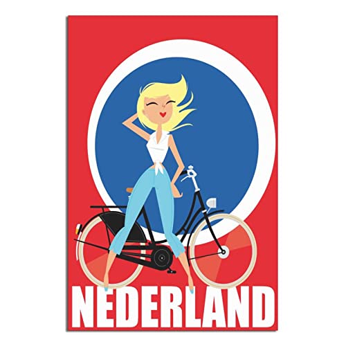 RONGCHENG Nederland Fahrrad Mädchen Vintage Reise Poster Leinwand Kunst Zuhause Zimmer Wanddekoration Bild Poster Druck Gemälde Geschenk Poster von RONGCHENG