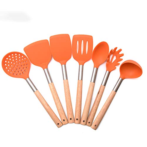 RONGJJ Silikon Küchenhelfer Set-7 Teiliges Silikon Küchenutensilien Küchenbesteck Mit Holzgriff Antihaftes Hitzebeständiges Einfach Zu Säubern, Orange von RONGJJ