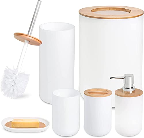 RONGKUN 6Teiliges Bambus Badezimmer Set Toilettenzubehhrset mit Lotionspender, Mülleimer, Zahnbürstenhalter, Toilettenbürste und Seifenschale, WC Badausstattung Sets von RONGKUN