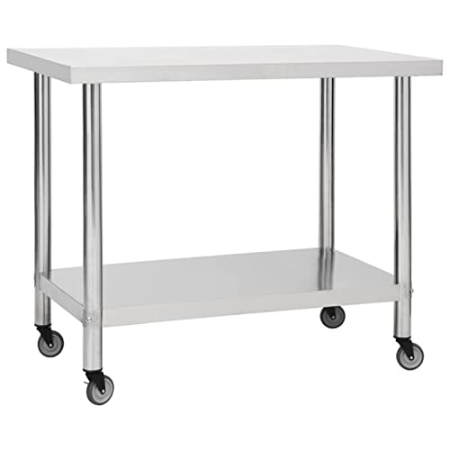 RONGQI Küchen-Arbeitstisch mit Rollen, Edelstahltisch, Grilltisch Edelstahl, Teewagen, Küchentisch, Gewerbliche Küchenarbeitsbank, 100x45x85 cm Edelstahl von RONGQI