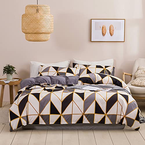 Bettwäsche 220x240 cm Dreiecke Set Grau Schwarz Weiß Gold Bettwäscheset King Size Geometrische Deckenbezug 3 Teilig Microfaser Moderne Bettdeckenbezug Gemustert mit Reißverschluss(GJH,220 3T) von RONGSBED