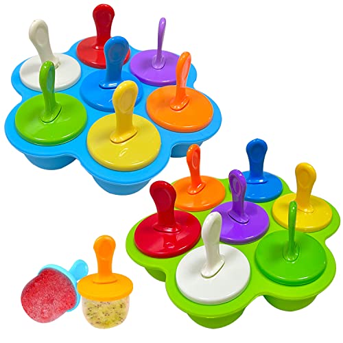 Mini Eisformen Silikon,RONGYI 2 Stücke 7 Mulden Eisform BPA-Frei, Wiederverwendbar Eisformen Eis am Stiel Silikon für Alle Arten von Obst, Milch, Säften,Babynahrungsergänzungsmitteln, Blau, Grün von RONGYI