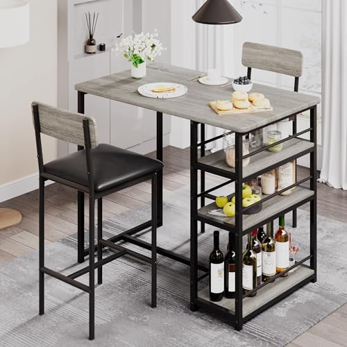 RONIPIC Bartisch Set 3-teilig，Esstisch mit 3 Ablagen，2 Barhocker mit Rückenlehne und Polsterung Stahlregal, Küchentisch für Küche, Esszimmer Bistro Grau von RONIPIC
