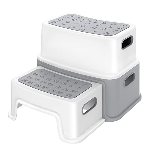 Ronipic Tritthocker Kinder 2 Stufen, Hocker Kinder Bad Toilette, Kinderhocker Badezimmer mit rutschfest Füße und Oberfläche, Multifunktional, Bis zu 250 LBS Belastbar (Grau) von RONIPIC