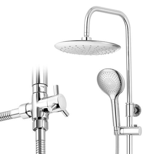 Ronvie Regendusche ohne Armatur Chrome, Duschgarnitur mit 23 cm Rund Regendusche und 3 Strahlarten Duschkopf, Duschsystem ohne Armatur Höhenverstellbar Duschstange von 79-128cm von RONVIE