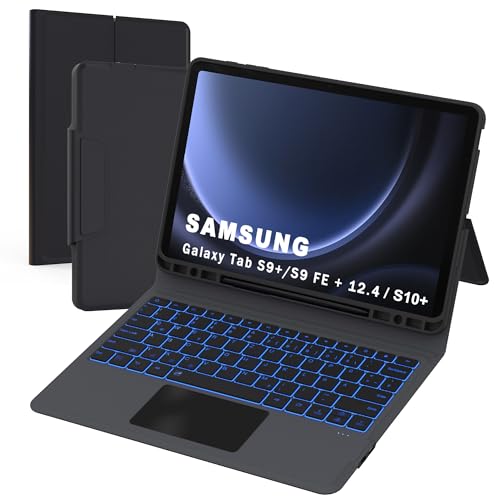 Für Samsung Galaxy Tab S9 FE+ /S9 Plus/S10+ 12,4 Zoll Hülle mit Tastatur - Folio Trackpad Tablet Cover mit Stifthalter - Beleuchtete Deutsches QWERTZ Layout Tastatur mit Touchpad für Tab S9 FE+ / S9+ von ROOFEI