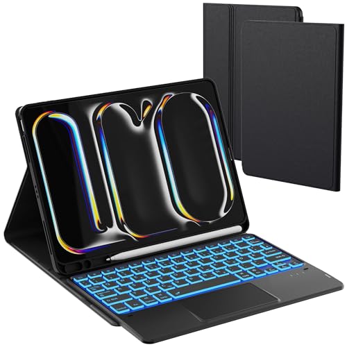 ROOFEI Für iPad Pro 11 Zoll (M4) 2024 Tastatur Hülle - 7 Farbige Beleuchtung Touchpad Tablet Cover mit Stifthalter - Beleuchtete Deutsches QWERTZ Layout Tastatur für 11" iPad Pro (M4) 2024 Schwarz von ROOFEI