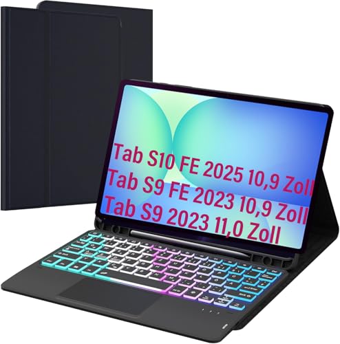 für Samsung Galaxy Tab S9/S9 FE/S10 FE 10,9 Zoll Hülle mit Tastatur: Abnehmbar Tastatur mit Touchpad | 3-Zozen-7-Farbige Beleuchtung - Kabellose Deutsches QWERTZ-Layout Tastaturen S10FE Tablet 2025 von ROOFEI