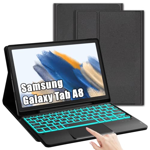 ROOFEI Galaxy Tab A8 Hülle Mit 7-Farbiger Beleuchtung Tastatur und Trackpad - QWERTZ Deutsches Layout, Stifthalter für Samsung Galaxy Tab A8 10,5'' 2021/2022 SM-X200/X205/X207 von ROOFEI