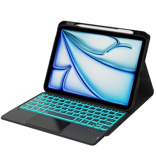 ROOFEI Tastatur Hülle für iPad Air 11" (M3/M2, 2025/2024)/Air 5/Air 4/iPad Pro 11" (4/3/2/1 Gen) - 7-Farbiger Beleuchtung Tastatur mit Touchpad & Stifthalter - QWERTZ Layout, Schwarz von ROOFEI