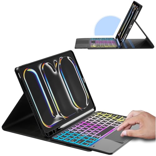 für iPad Pro 11 Zoll (M4) 2024 Hülle mit Abnehmbare Tastatur : DIY 3-Zonen 7-Farbiger Beleuchtung Tastatur Hülle mit Touchpad für iPad Pro 11" 2024 (M4) - iPad QWERTZ-Layout Tastatur mit Stifthalter von ROOFEI