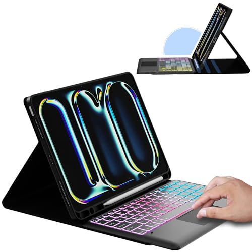 für iPad Pro 13 Zoll (M4) 2024 Hülle mit Abnehmbare Tastatur : DIY 3-Zonen 7-Farbiger Beleuchtung Tastaturs Hülle mit Touchpad für iPad Pro 13" 2024 (M4) - QWERTZ-Layout Tastatur mit Stifthalter von ROOFEI