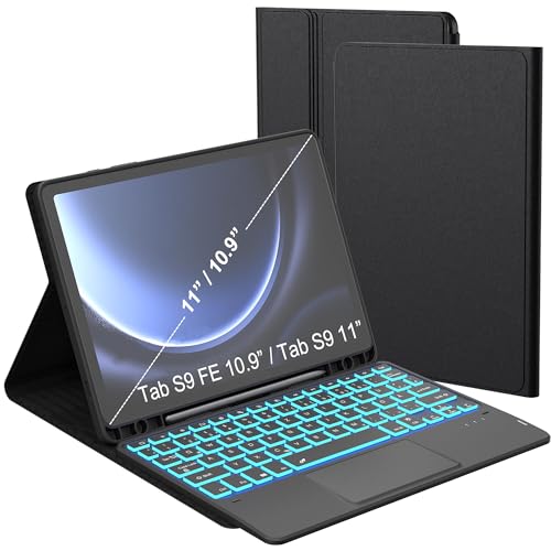 Tastatur Hülle für Samsung Galaxy Tab S10 FE/S9 FE/Tab S9 - 7 Farbige Beleuchtung Tablet Cover mit Stifthalter - Beleuchtete Deutsches QWERTZ Layout Tastatur für S10 FE/S9 FE 10,9"/S9 11 zoll Schwarz von ROOFEI