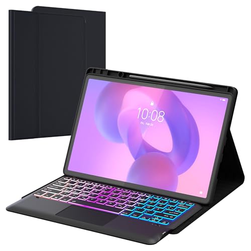für Lenovo Idea Tab Pro 2025 12.7 Zoll Hülle mit Abnehmbare Tastatur : DIY 3-Zonen 7-Farbige Beleuchtung QWERTZ Tastatur mit Trackpad - Hülle mit Stifthalter für Lenovo Idea Tab Pro 12.7", Schwarz von ROOFEI
