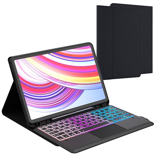 für Xiaomi Redmi Pad Pro 12.1 Zoll 2024 Hülle mit Tastatur: Xiaomi Pad POCO 12.1 2024 Tastatur mit Touchpad & 3-Zozen-7-Farbige Beleuchtung - Deutsches QWERTZ-Layout Tastaturen Hülle mit Pen Halter von ROOFEI