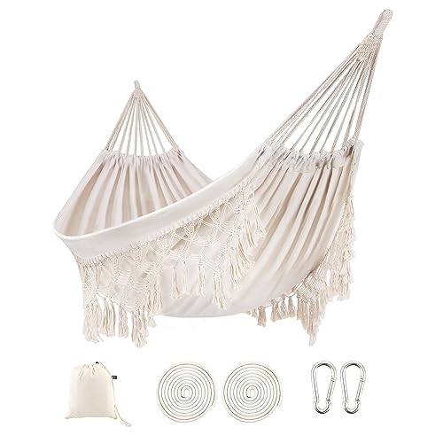ROOITY Indoor-Hängematte mit Makramee-Fransen für 2 Personen, doppelte Boho-Hängematten mit Quasten, tragbare Baumwollseil, Hamaca-Schaukel mit Reisetasche für draußen, Veranda, bis zu 227 kg, weiß von ROOITY