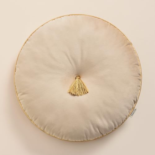 ROOM99 Allure Runde Kisse 45 cm Zierkisse Wurfkissen Dekokissen Plüschkissen Gefüllt Sofakissen für Sofa Bett Couch Pillow Wohnzimmer dekorative Velvet Samt mit Fransen Beige,1 Stück von ROOM99
