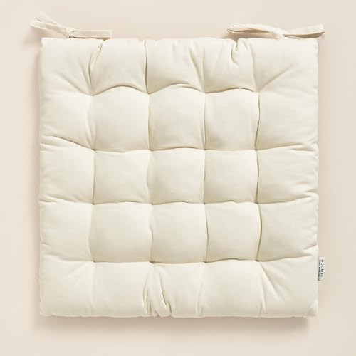 ROOM99 Carmen Stuhlkisse 40 x 40 x 4,5 cm Sitzkisse Sitzpolster mit bändern Zierkissen Stuhl Boden Bodenkissen Kissen Outdoor Indoor Wohnzimmer Baumwolle natürlicher Stoff Creme,1 Stück von ROOM99