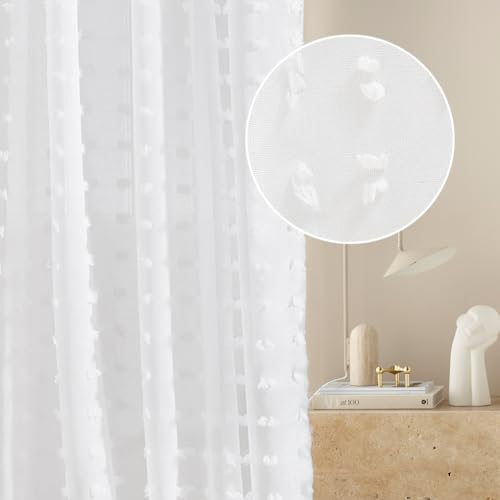 ROOM99 Gardine mit Ösen Casablanca 140 x 280 cm Breite x Höhe Wohnzimmer Transparent modern Vorhang Schal Wohnzimmer Schlafzimmer Weiß Pompons, 1 Stück von ROOM99