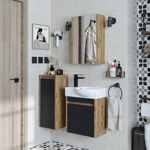 ROOMART Badmöbelset • Leo • Unterschrank mit Waschbecken • Badezimmer Möbel • Gäste WC (Antrazit Eiche, Komplettes Set(Wasserhahn Links)) von ROOMART