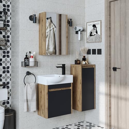 ROOMART Badmöbelset • Leo • Unterschrank mit Waschbecken • Badezimmer Möbel • Gäste WC (Antrazit Eiche, Komplettes Set(Wasserhahn rechts)) von ROOMART