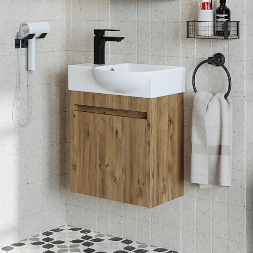 ROOMART Badmöbelset • Leo • Unterschrank mit Waschbecken • Badezimmer Möbel • Gäste WC (Eiche, Unterschrank mit Waschbecken(Wasserhahn Links)) von ROOMART
