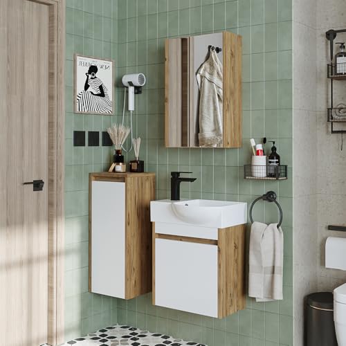 ROOMART Badmöbelset • Leo • Unterschrank mit Waschbecken • Badezimmer Möbel • Gäste WC (Weiß-Eiche, Komplettes Set(Wasserhahn Links)) von ROOMART