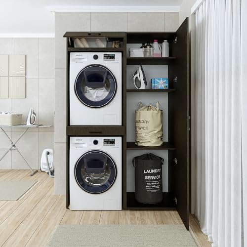 ROOMART, Schrankwand, Trockner auf Waschmaschine, 127 cm breit, Waschturm, Waschmachinenregal (3 Einlegeböden, Schwarz Eiche) von ROOMART