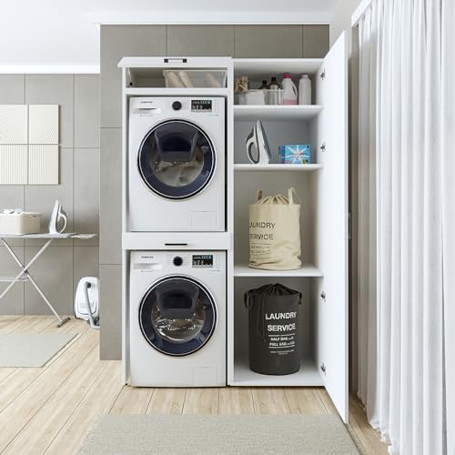 ROOMART, Schrankwand, Trockner auf Waschmaschine, 127 cm breit, Waschturm, Waschmachinenregal (3 Einlegeböden, Weiß) von ROOMART